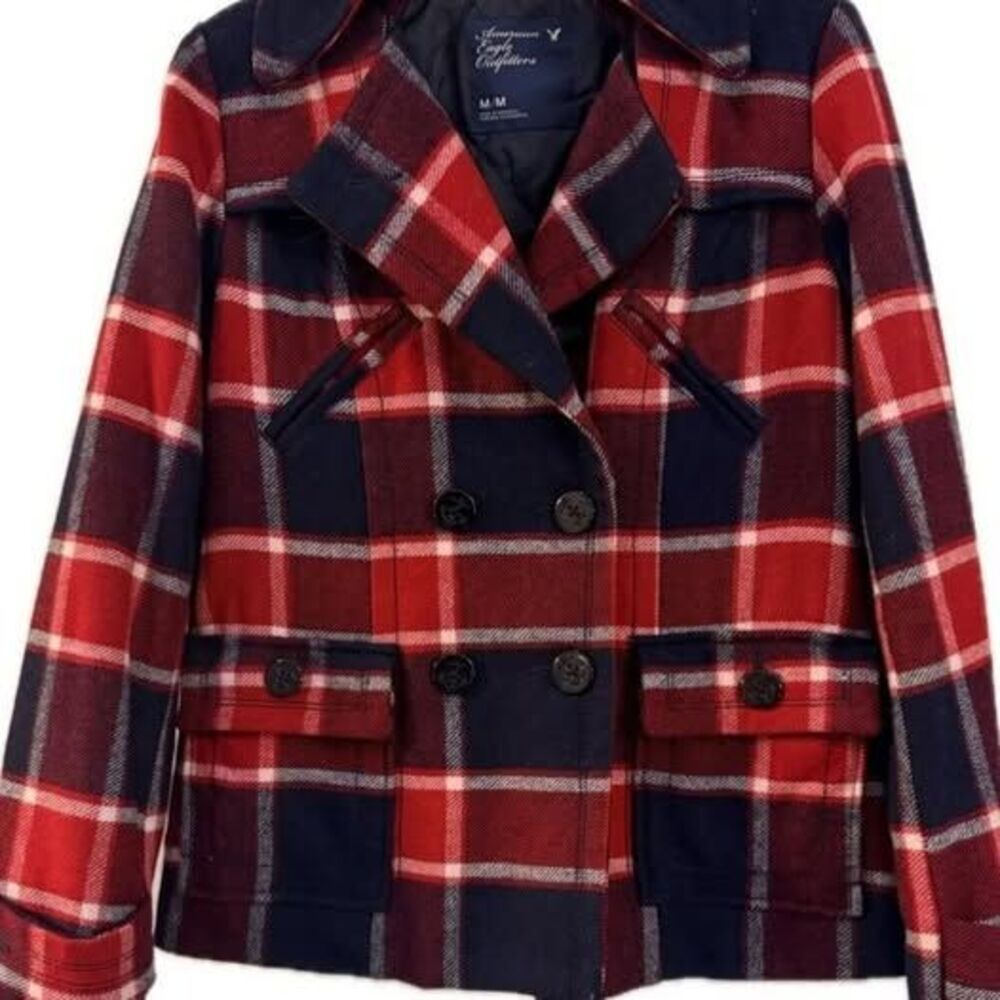 American Eagle Red & Navy Plaid Peacoat Jacket